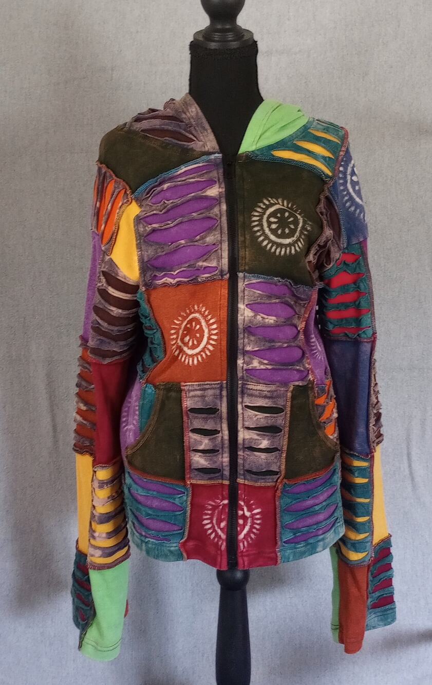 Rising International Patchwork Zip Hoodie Made in Nepal One Size Multicolor